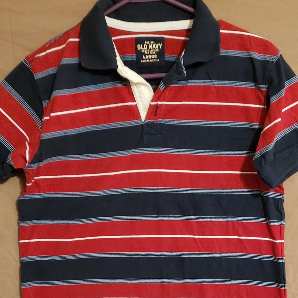 Old Navy, short sleeve shirt, Red, dark blue, light blue, white striped, Size LG